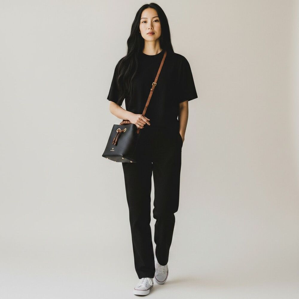 Nanette Lepore Black Faux Leather Bucket Bag Braided Handle Crossbody
